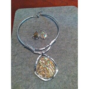 Abalone Necklace &‎ Earrings Set Silver Tone Statement Jewelry